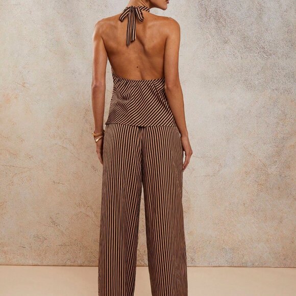 Multicolor Sexy Women's Elegant Resort Striped Halter top and pants 2 piece Set - Picture 2 of 7